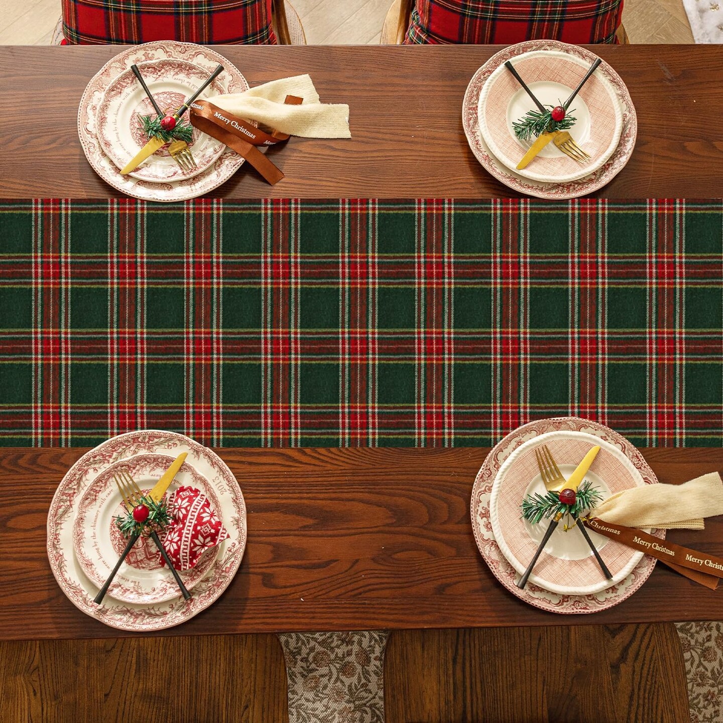 Christmas Checkered Tartan Table Runner - Green Buffalo Plaid Xmas Stain Resistant Washable Table Decoration