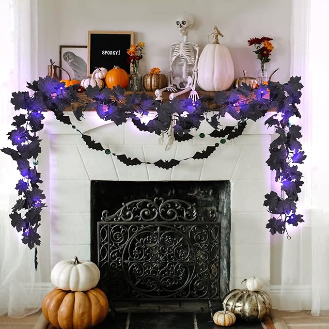 Halloween Garland with Purple Lights Black Leaf Garland Black Artificial Maple Leaves Decor Home Mantle Stairs Indoor, Fall Fake Garland Decorations Hanging Wall Door Outdoor,2 Pack (Purple)