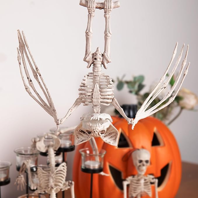 Halloween Bat Skeleton, 11&#x22; Halloween Animal Skeleton, Horrible Bat Skeleton Simulation Bat Model Vivid Bat Skeleton with Moveable Jaw and Wing for Yard Garden Lawn