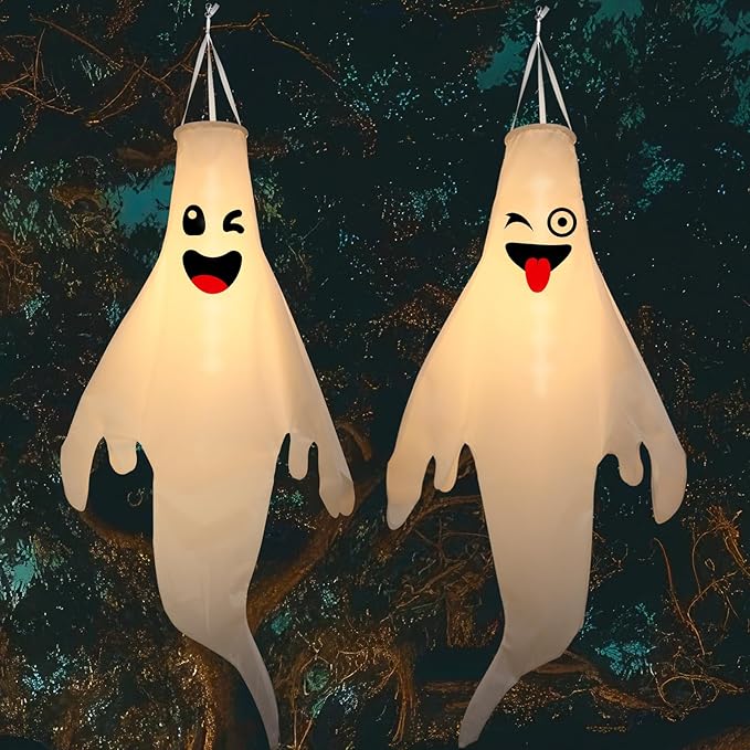 Cute Hanging Ghosts with Timer and LED Lights, Waterproof Outdoor Decor for Trees, Porch, and Yard (Batteries Not Included)