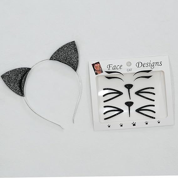 Glitter Cat Ears Headband with Cat Face Jewels, Halloween Costume Accessory