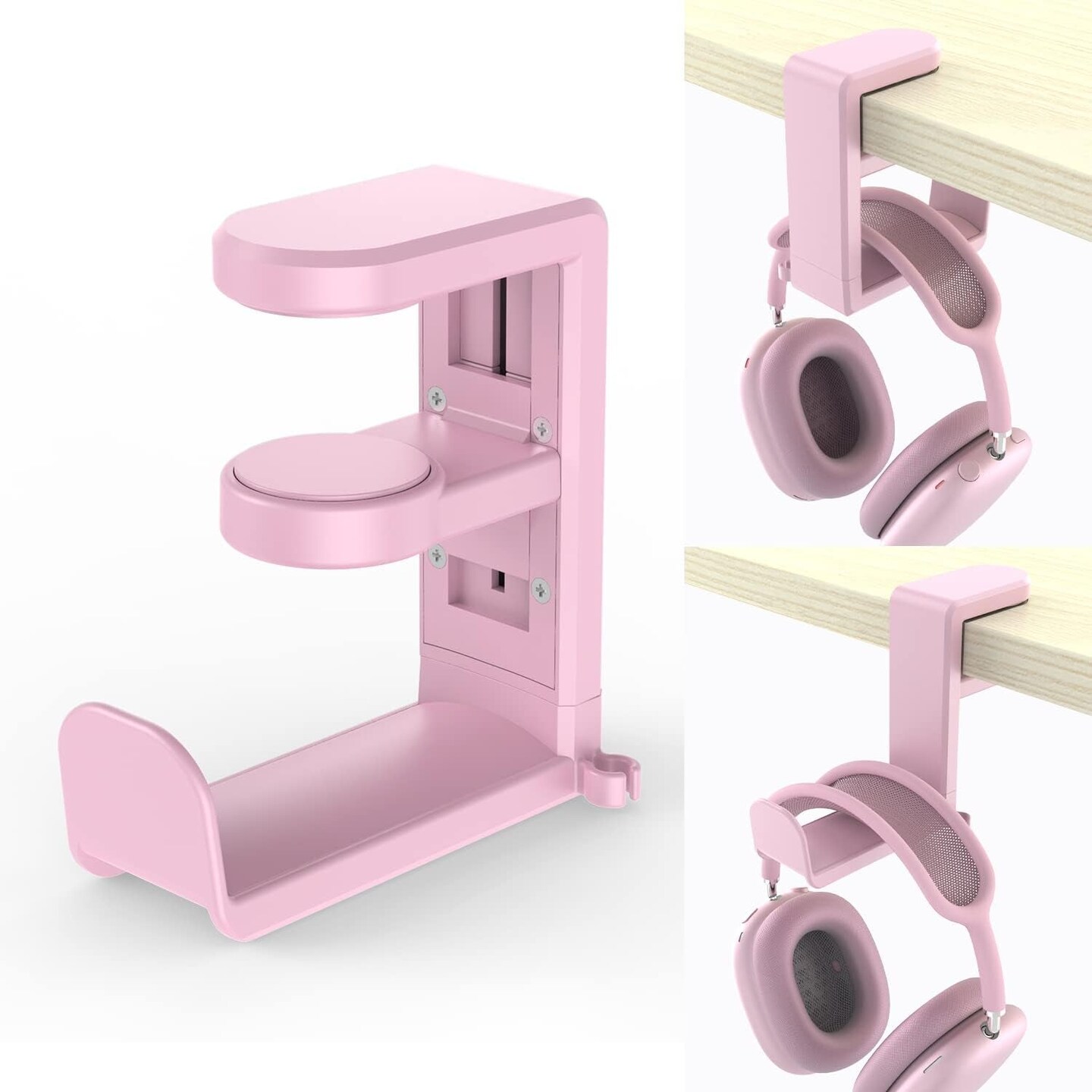 PC Gaming Headset Headphone Hook Holder Hanger Mount,Headphones Stand with Adjustable &#x26; Rotating Arm Clamp,Under Desk Design,Universal Fit,Built in Cable Clip Organizer EURPMASK Pink