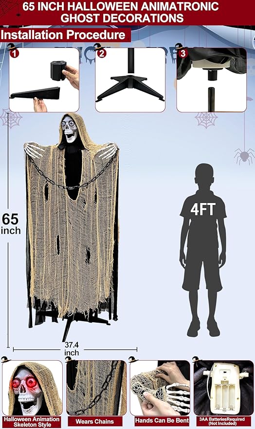 [ Sound Activated ] 65&#x22; Talking Halloween Animatronic Grim Reaper Decorations Outdoor Standing Skeleton with Chain Light Up Eyes Creepy Sound Life Size Halloween Decor Haunted House Prop Yard