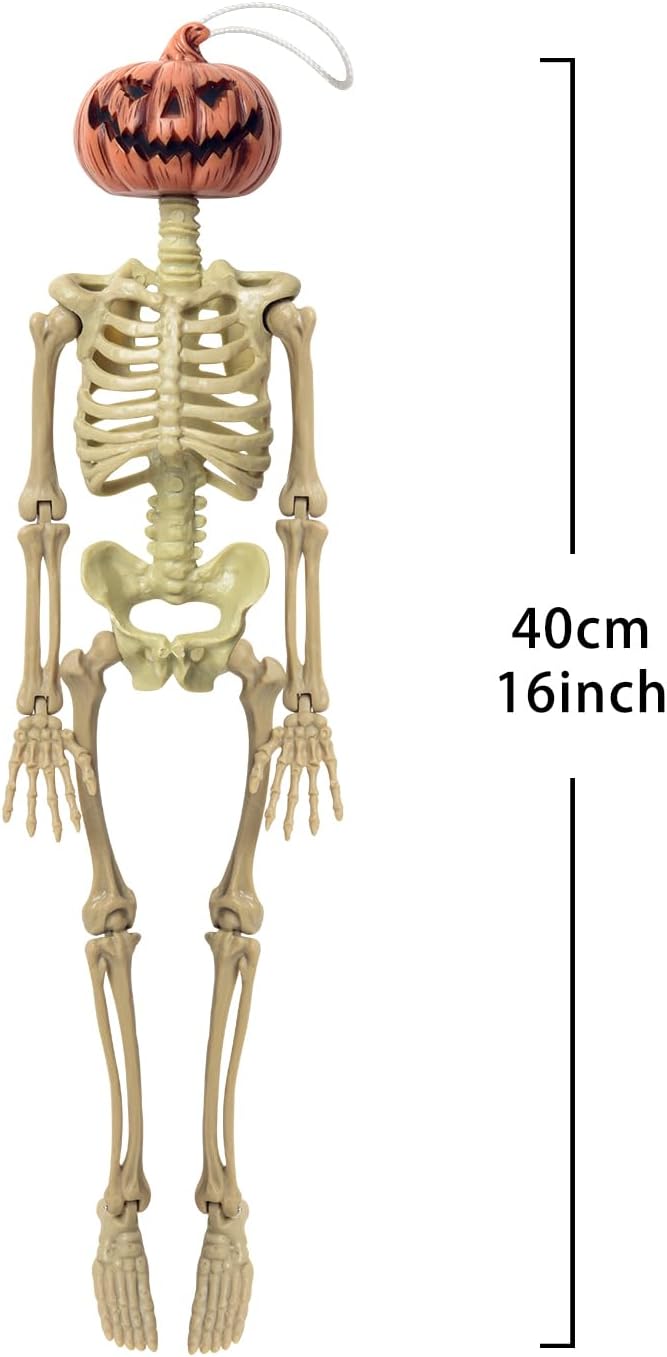 16in Halloween Posable Skeleton Pumpkin Full Body Skeleton Decor with Movable Joints Spooky Hanging Ghost Skeleton for Yard Garden Lawn Haunted House Graveyard Props