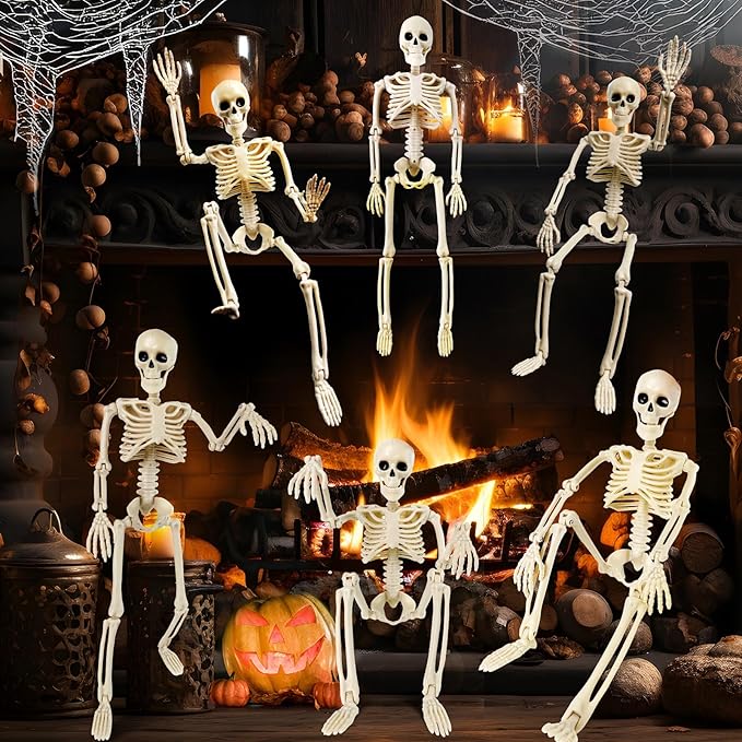 6 Pack Halloween Skeleton Decorations - 16&#x22; Poseable Skeletons with Full Body Movable Joints, Indoor and Outdoor Spooky D&#xE9;cor for Halloween Parties, Haunted Houses, and Yard Decorations