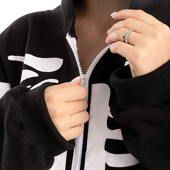 Skeleton Costume, Unisex Adult Skeleton Pajamas Plush Skeleton Hoodie Halloween