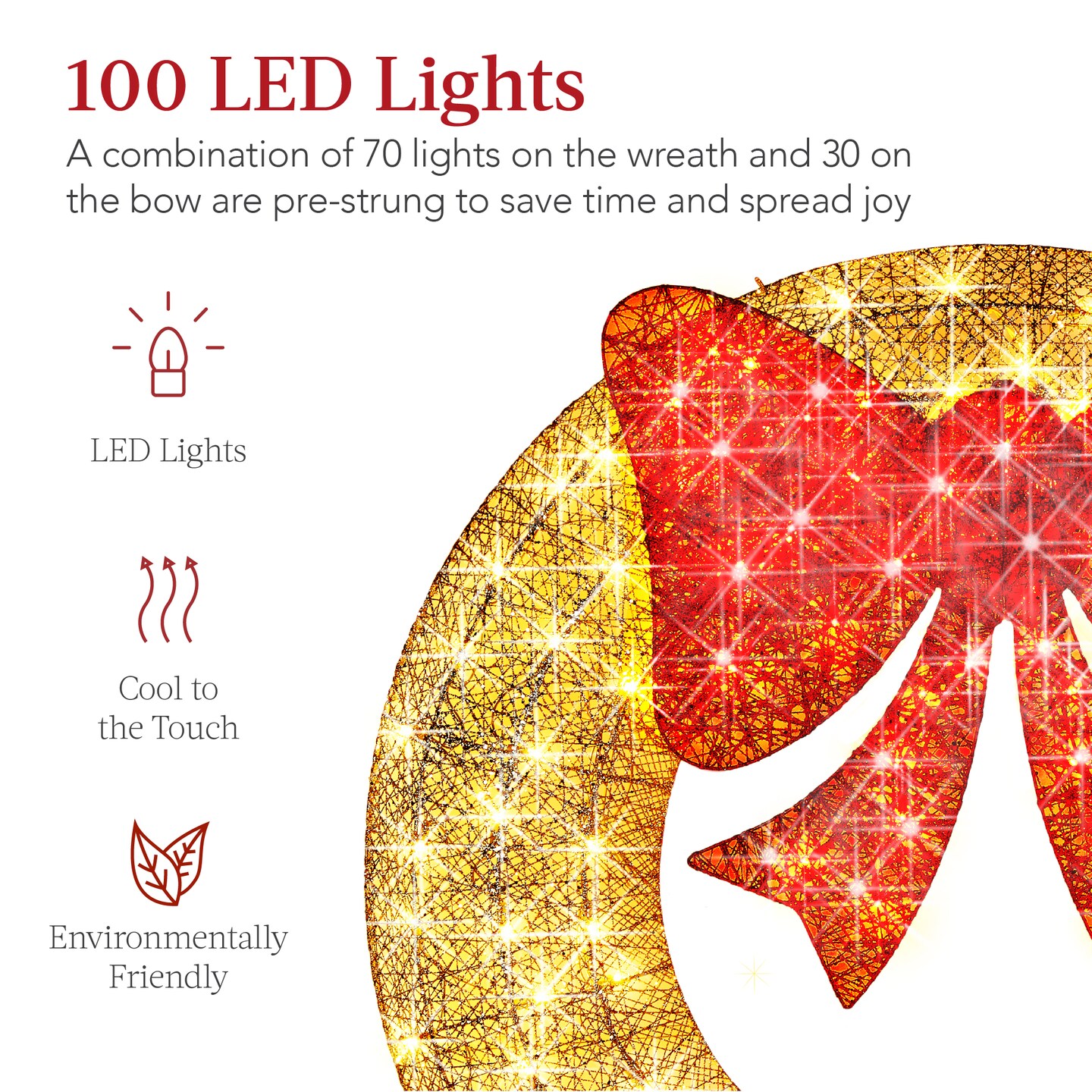Best Choice Products 30in Pre-Lit Outdoor Christmas Wreath, LED Metal Holiday D&#xE9;cor w/ 100 Lights, Bow