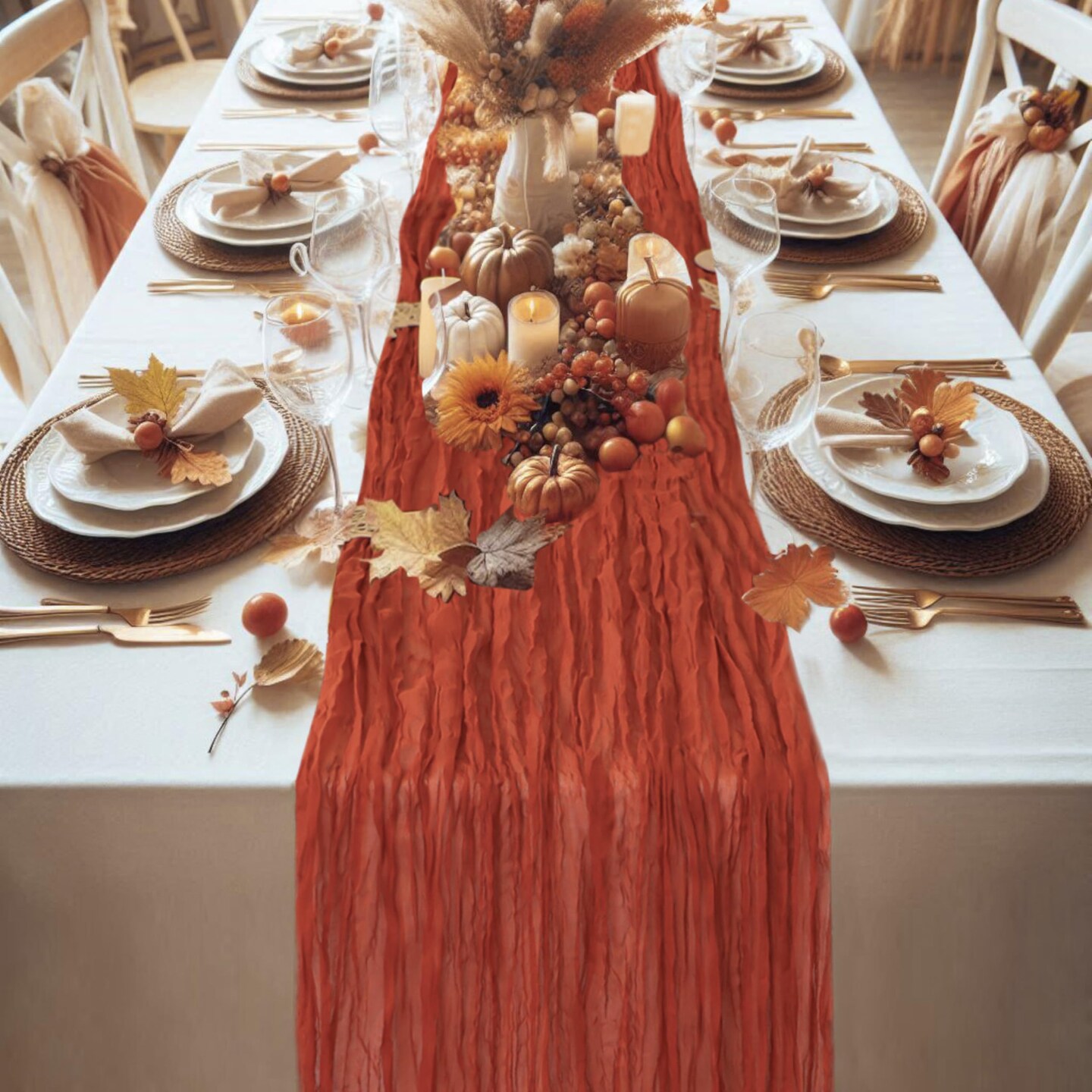Snowkingdom 13Ft Terracotta Cheesecloth Table Runner, 160inch Long Rust Cheese Cloth Boho Gauze Runner for Wedding Bridal Shower Rustic Sheer Fall Thanksgiving Table Decorations