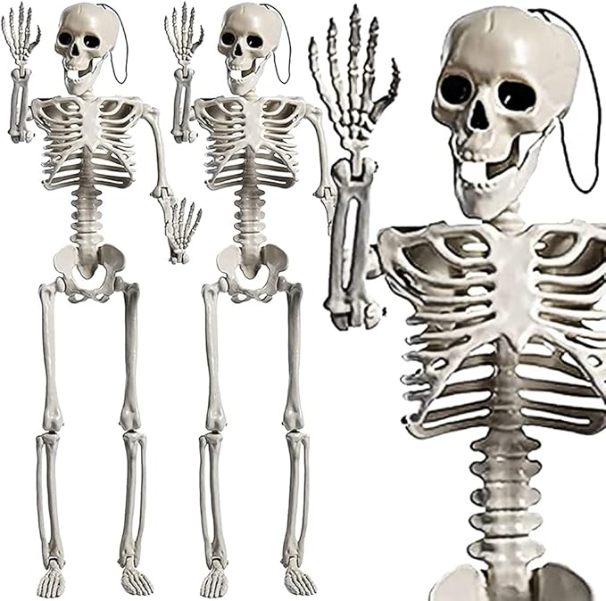 2 Pack 24 Inches Halloween Skeleton, Light Up Glowing Red LED Eyes Pose-N-Stay Skeleton, Full Body Posable Movable Jonints for Halloween Decoration