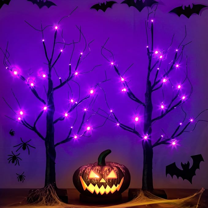 Tabletop Halloween Black Tree with Timer for Lighted Halloween Decorations Indoor Home Mantel Holiday Party Light up Halloween Decor (Purple 2 PK)