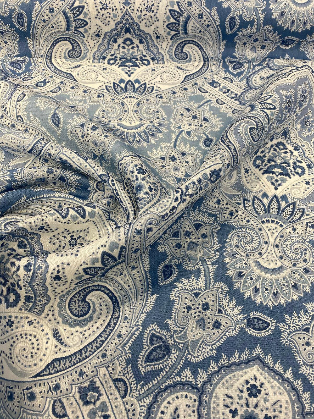 1 Yard Cyprus Blue and White Damask Linen Upholstery and Drapery Fabric 55 inch Width