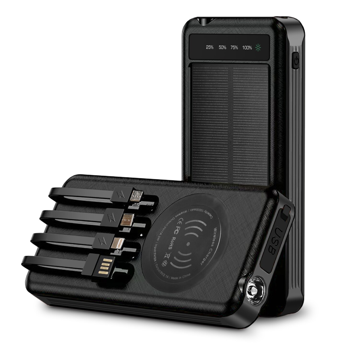 Portable Power Bank w/ Wireless Charging, 4 Built-in Cables, Solar Panel, 10000mAh Battery, IP65 Waterproof, Dustproof, LED Flashlight