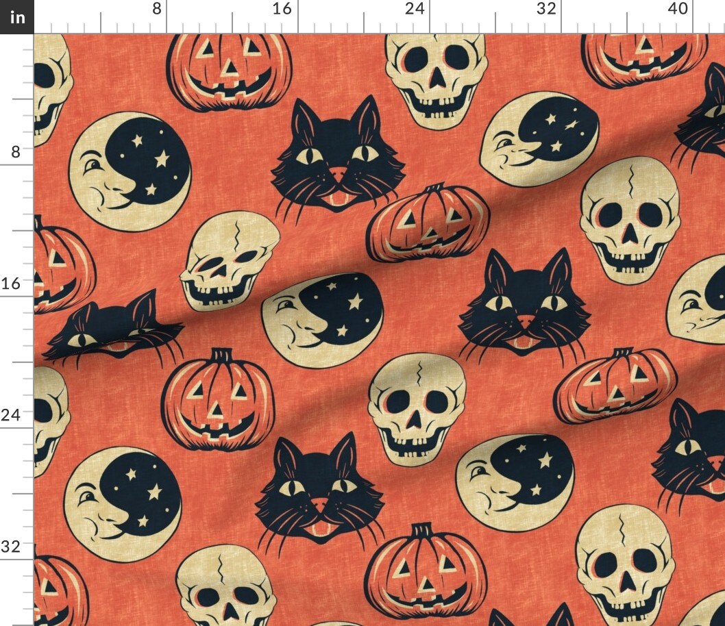 Various Fabrics by the Yard or Fat Quarter Jumbo Halloween Orange Pumpkins Black Cats Spooky Skulls Retro Moon Stars Custom Printed Fabric by Spoonflower