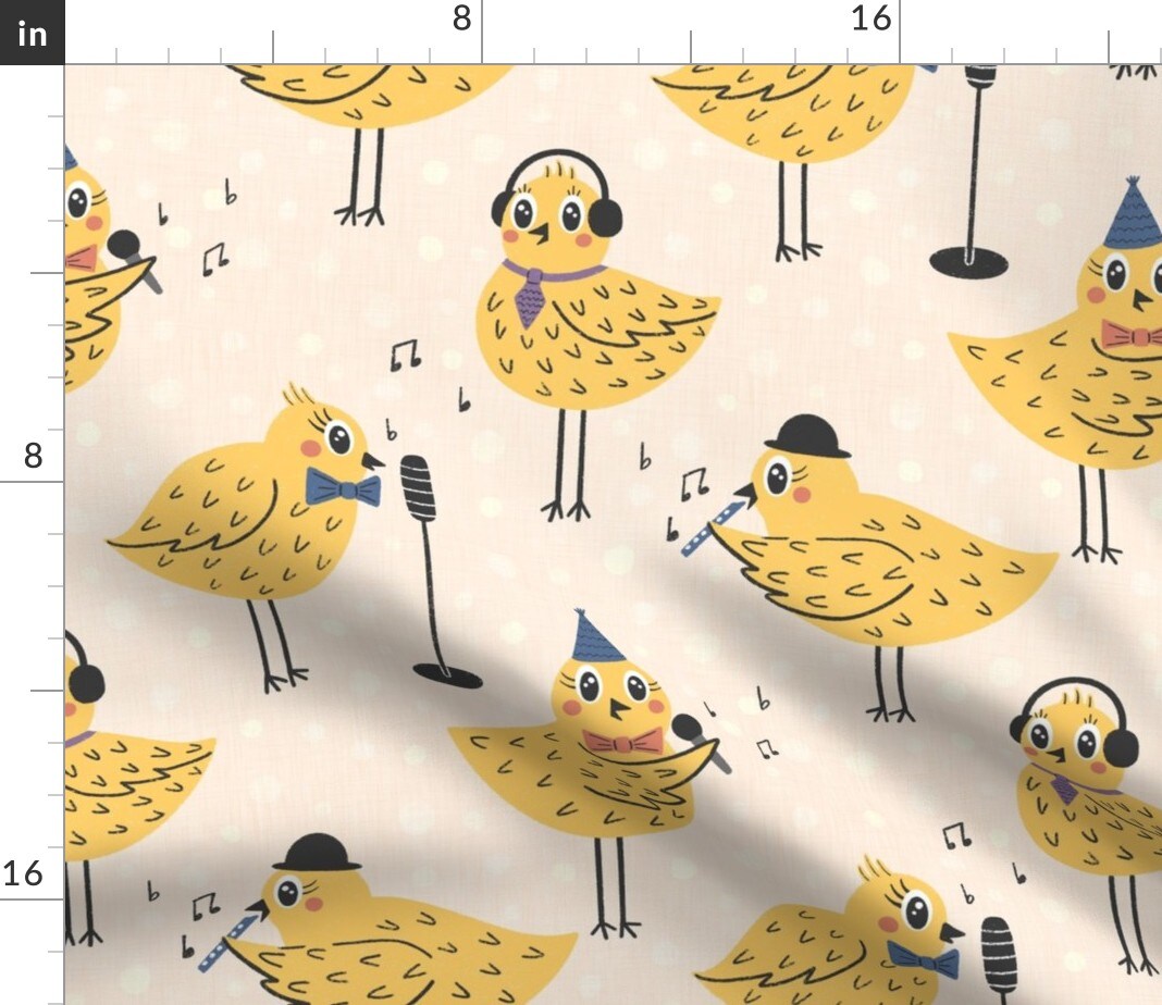 Baby Chickens Yellow Singing Microphone Animal Party Doodle Whimsical Custom Printed Fabric by Spoonflower Various Fabrics by the Yard or Fat Quarter