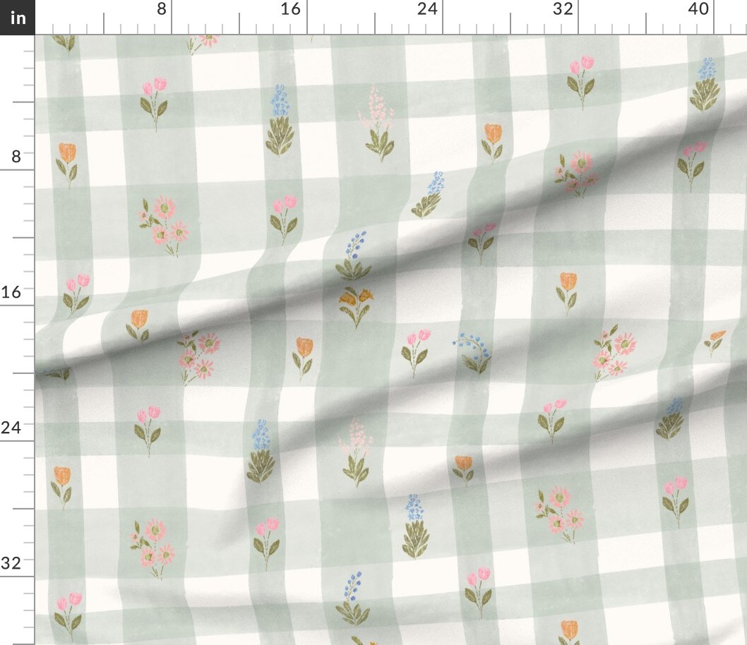 Cottagecore Floral Plaid Watercolor Sage Pastel Summer Spring Nursery Tulip Large Scale Cottage Coquette Boho Garden Flowers Modern Farmhouse Custom Printed Fabric by Spoonflower Various Fabrics by the Yard or Fat Quarter