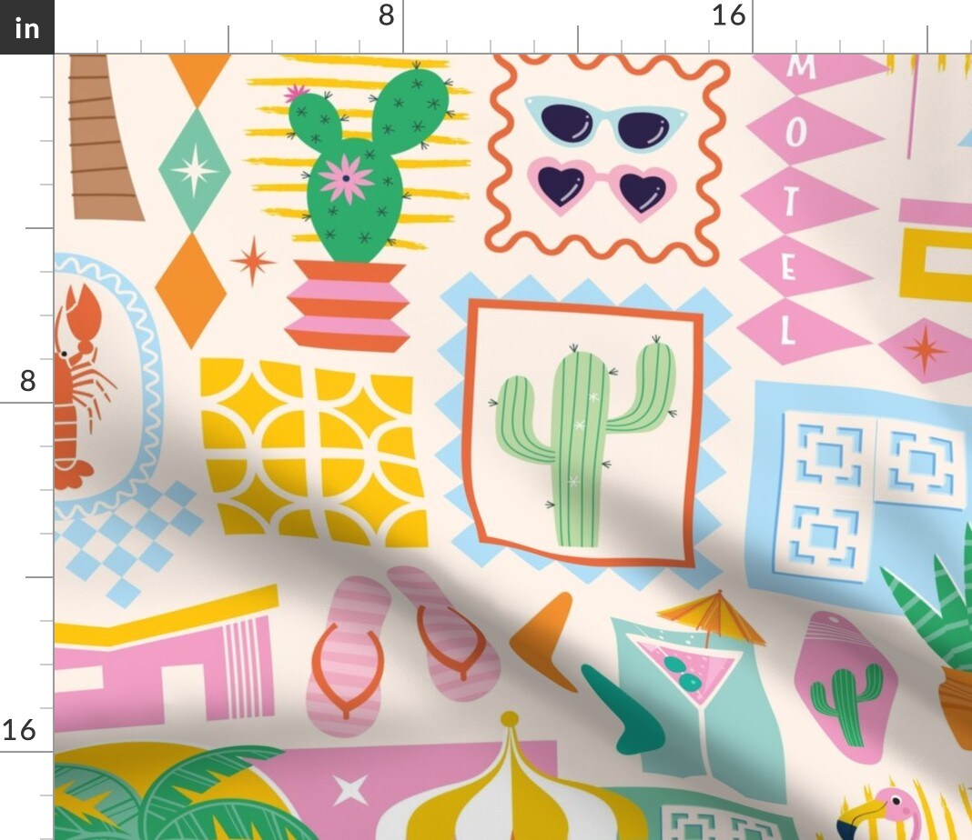 Retro Cactus Sunglasses Motel Palm Trees Crab Flip Flops Mid Century Diamonds Summer Custom Printed Fabric by Spoonflower Various Fabrics by the Yard or Fat Quarter