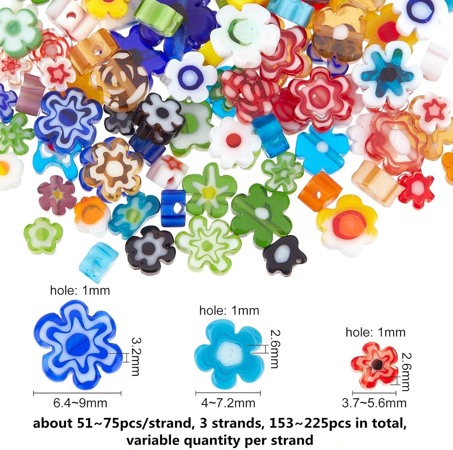 153~225Pcs 3 Styles Handmade Flower Millefiori Lampwork Glass Beads Small Flower Glass Beads(Flower #2)