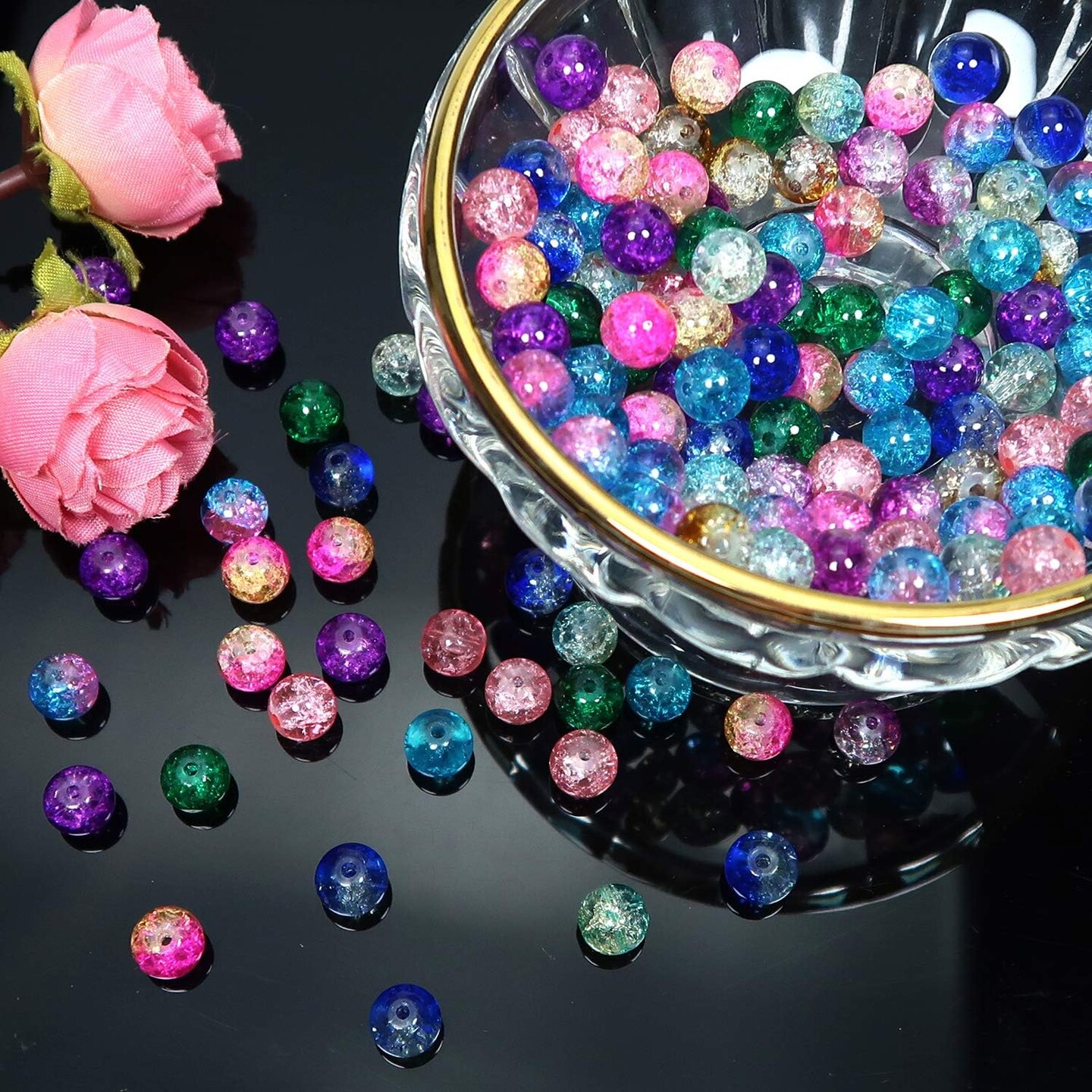 200pcs 8mm Glass Beads for Jewelry Making Crackle Glass Lampwork Beads Round Loose Spacer Bead Supplies for DIY Crafts Bracelets Necklaces