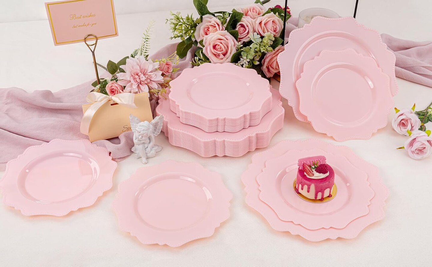 Disposable Pink Party Plastic Plates Set, 60 Pack (30 Guest) Dinner & Salad/Dessert Plate(Pink)