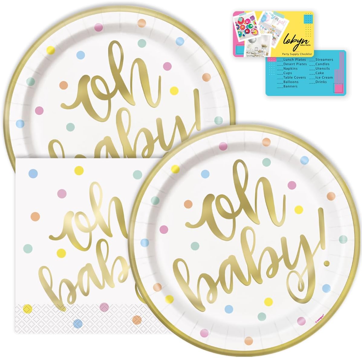 Oh Baby Lunch Plates and Napkins - Elegant Gold and White Baby Shower Disposable Set