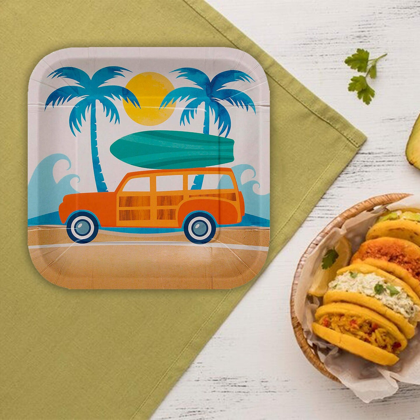 8 Ct. 7" Surf Party Square Dessert Plates Disposable Beach-Themed Tableware