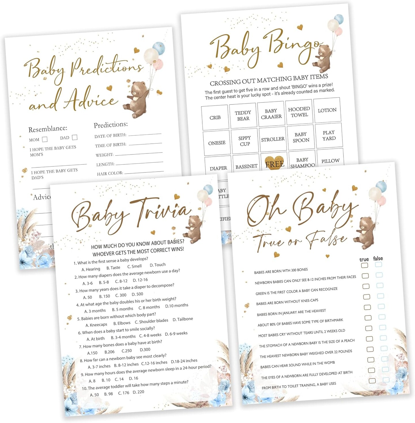 Baby Shower Game, 4 Games for 25 Guests, Baby Predictions and Advice, Baby Trivia, Oh Baby True Or False