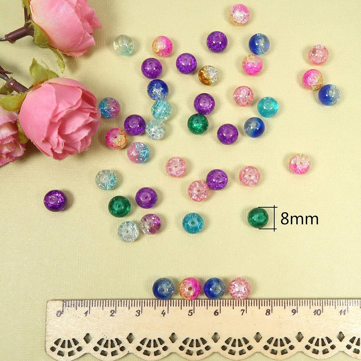 200pcs 8mm Glass Beads for Jewelry Making Crackle Glass Lampwork Beads Round Loose Spacer Bead Supplies for DIY Crafts Bracelets Necklaces