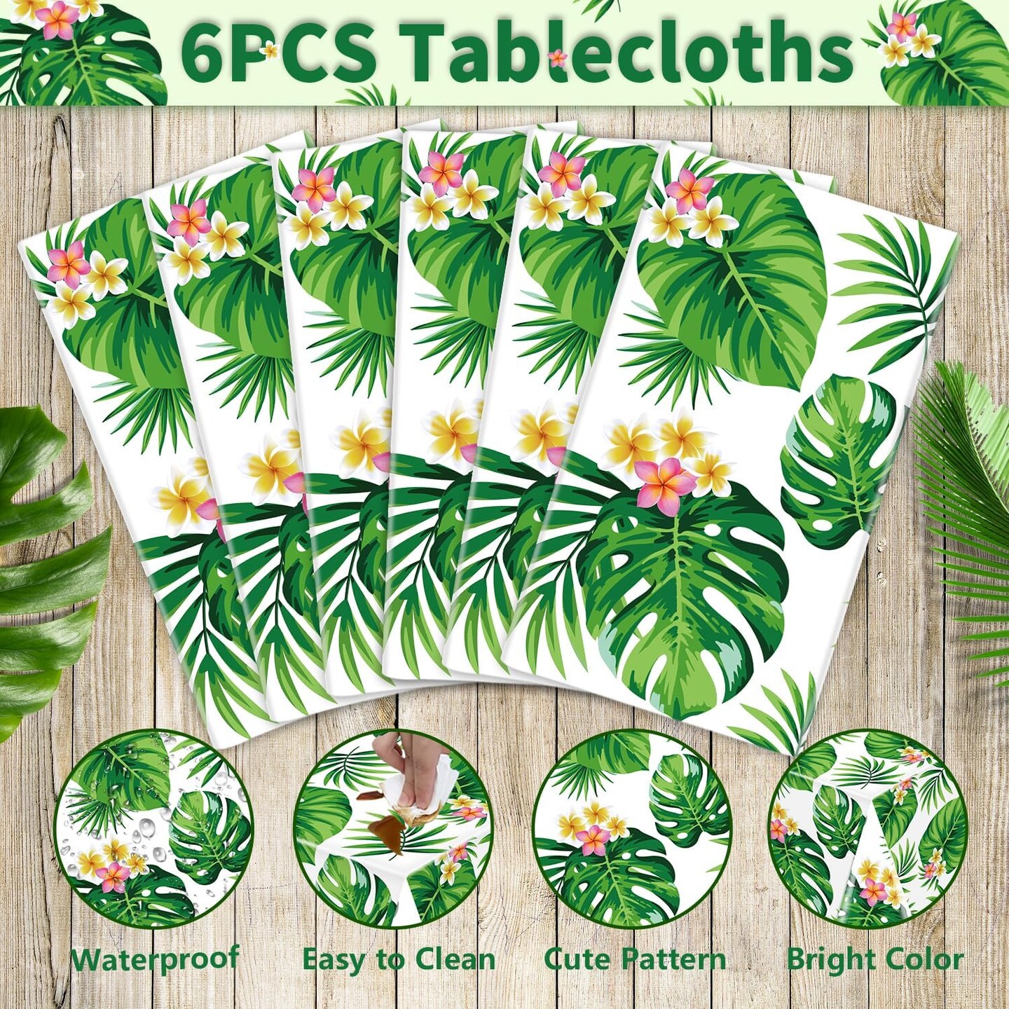 6 Pack Hawaiian Luau Tablecloths Tropical Palm Leaves Table Cloth Hawaiian Luau Table Cover Palm Leaves Table Cloth Baby Birthday Birthday Party Summer Pool Tropical Party Decorations 86 x 51 in