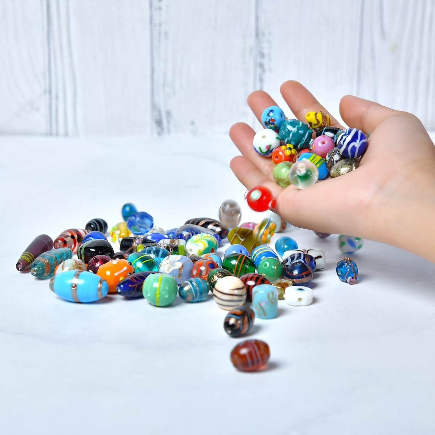 1 LB Bag of Assorted Glass Beads for Jewelry Making, Lampwork Murano Bead Mix for Bracelets and Necklaces, Crafting Beads Supplies Kit, Large &#x26; Small Beads (Assorted 200)