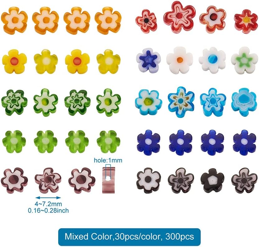 300Pcs Millefiori Lampwork Glass Beads Flat Flower Glass Beads Millefiori Loose Spacer Beads 4-7.2mm