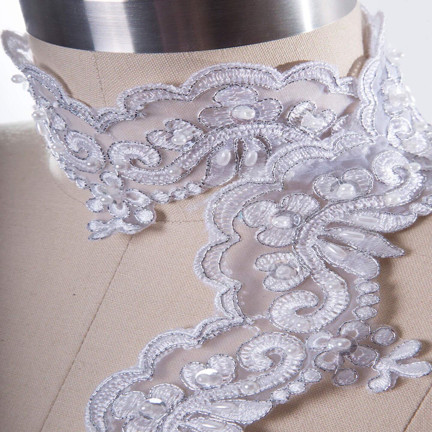 1 Yard 2.5 Inch Silver Bridal Lace Trim with Pearls and Sequins
