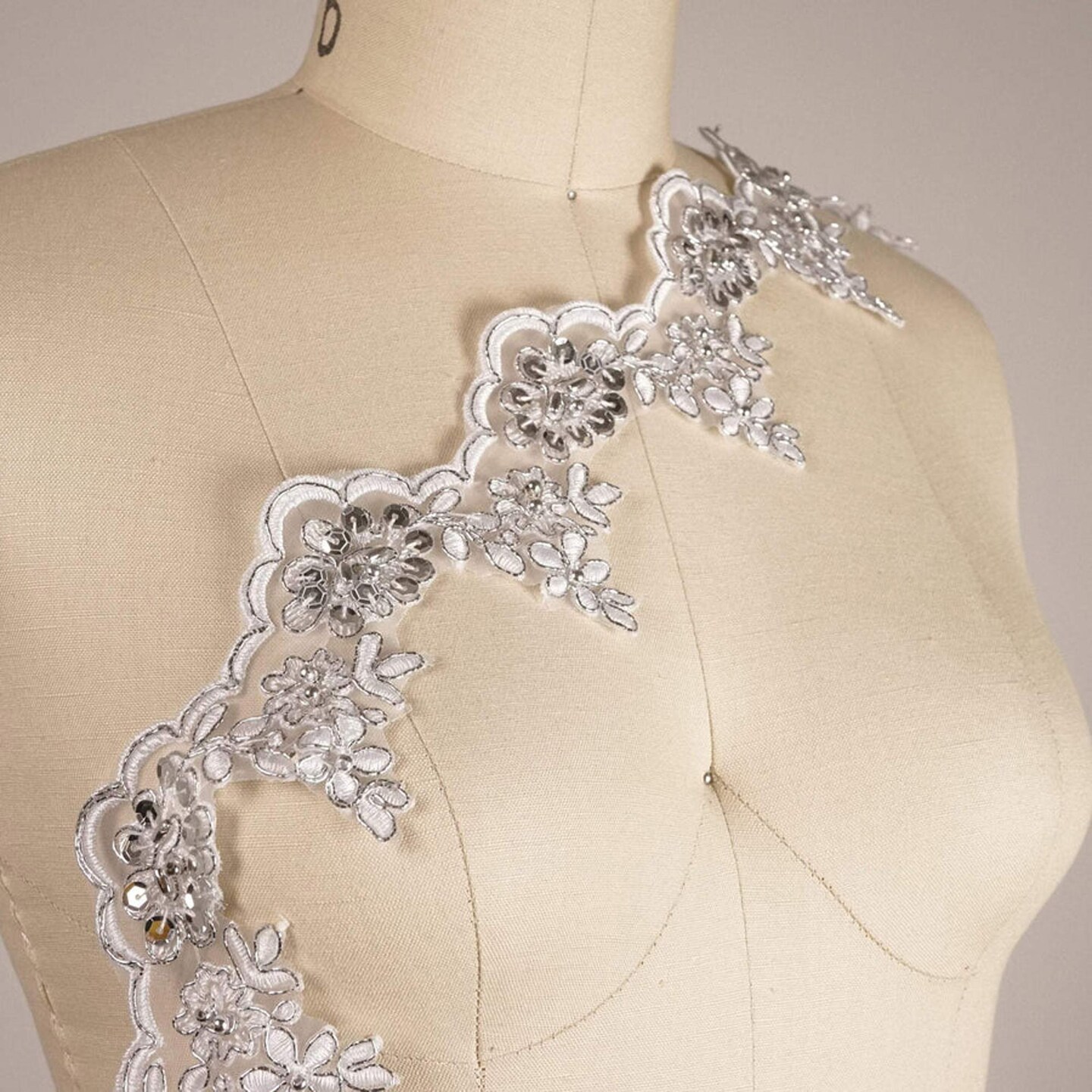 1 Yard Silver Sequined Scalloped Bridal Lace Trim with Leaf Motif