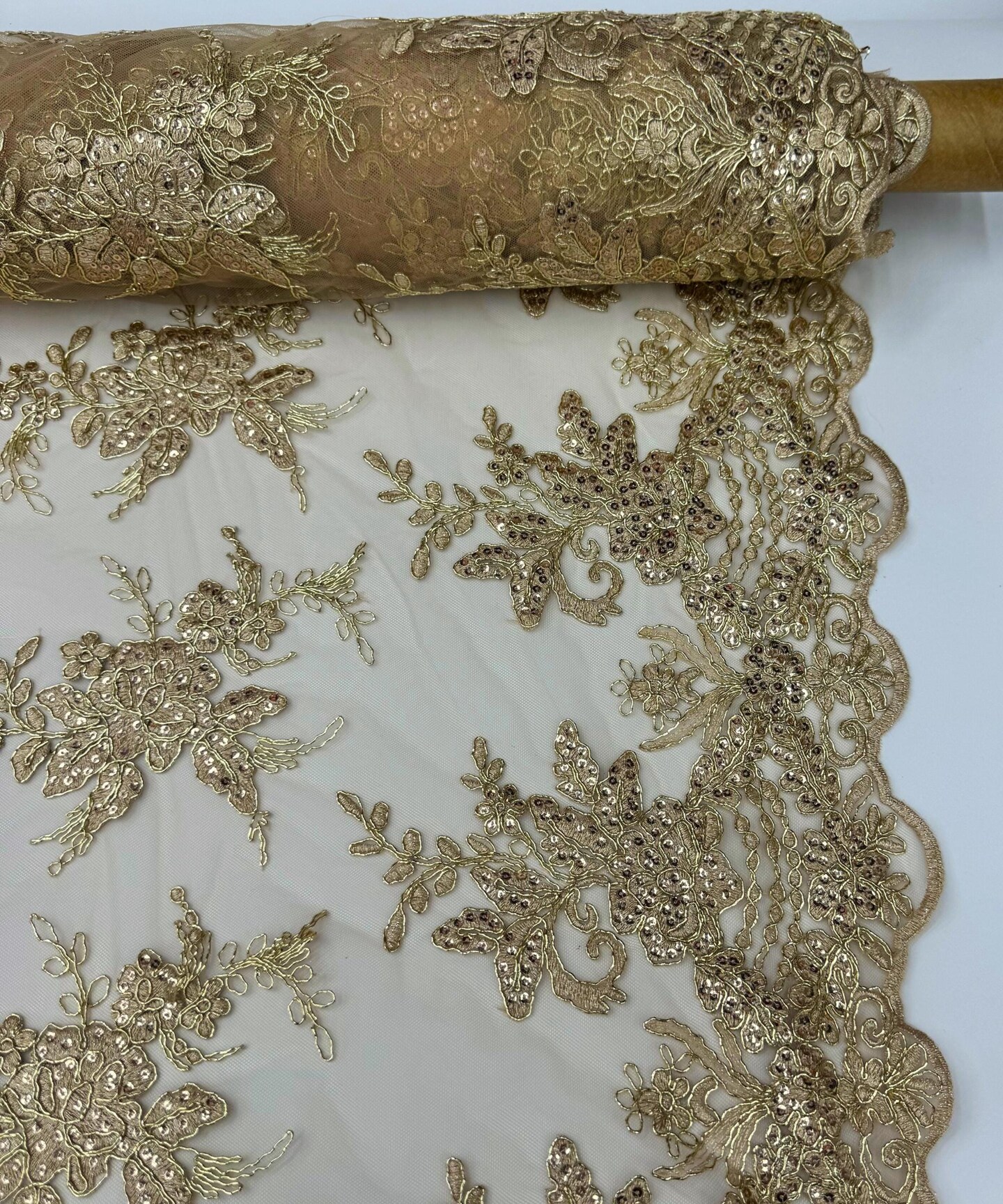 Champagne Sequin Embroidered Lace Fabric by the Yard, 54" Wide Floral Mesh Lace with Double Scalloped Edges