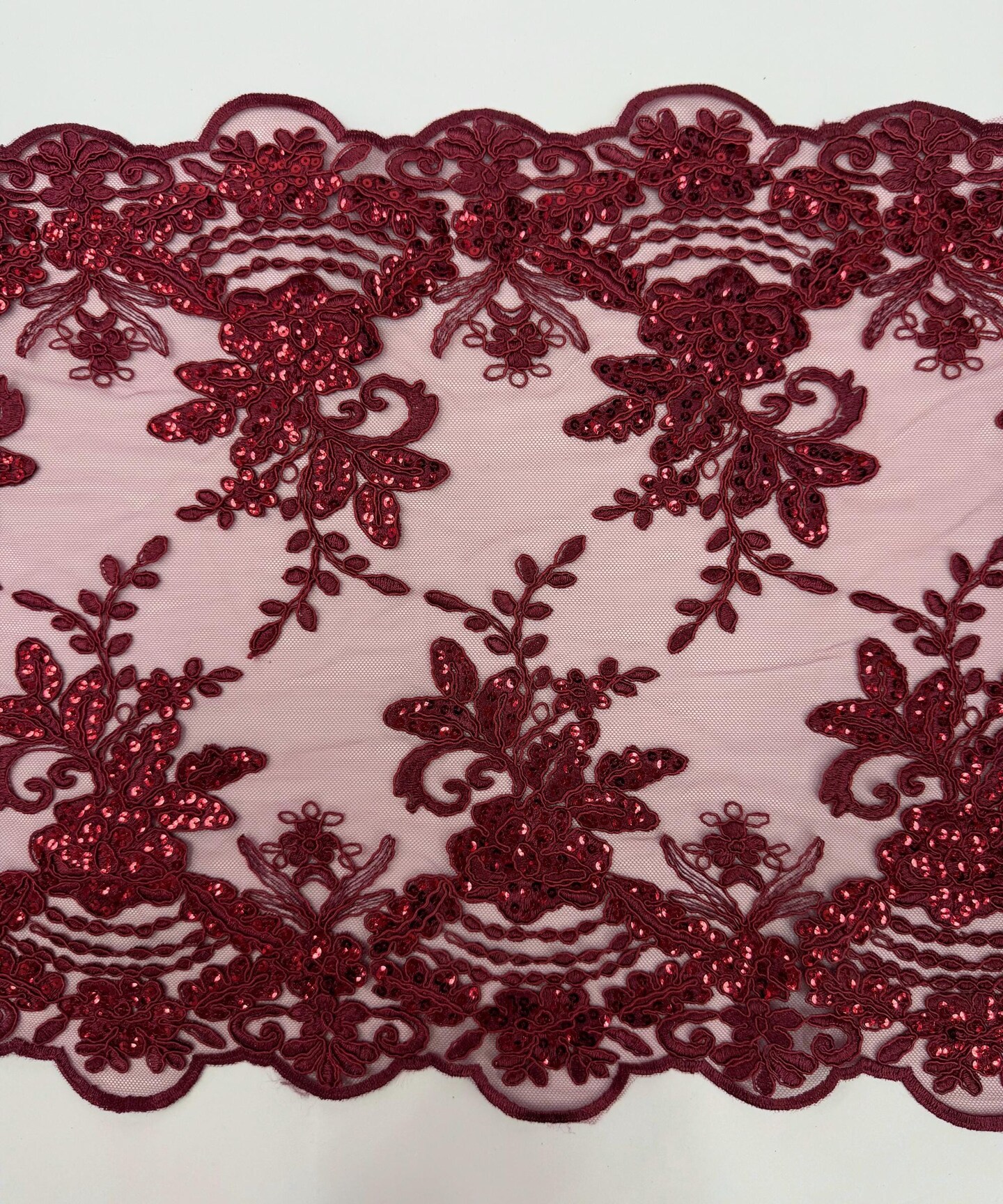 Burgundy Floral Embroidered Lace Table Runner by the Yard, 14" Wide Sequin Mesh Lace Trim with Scalloped Edges