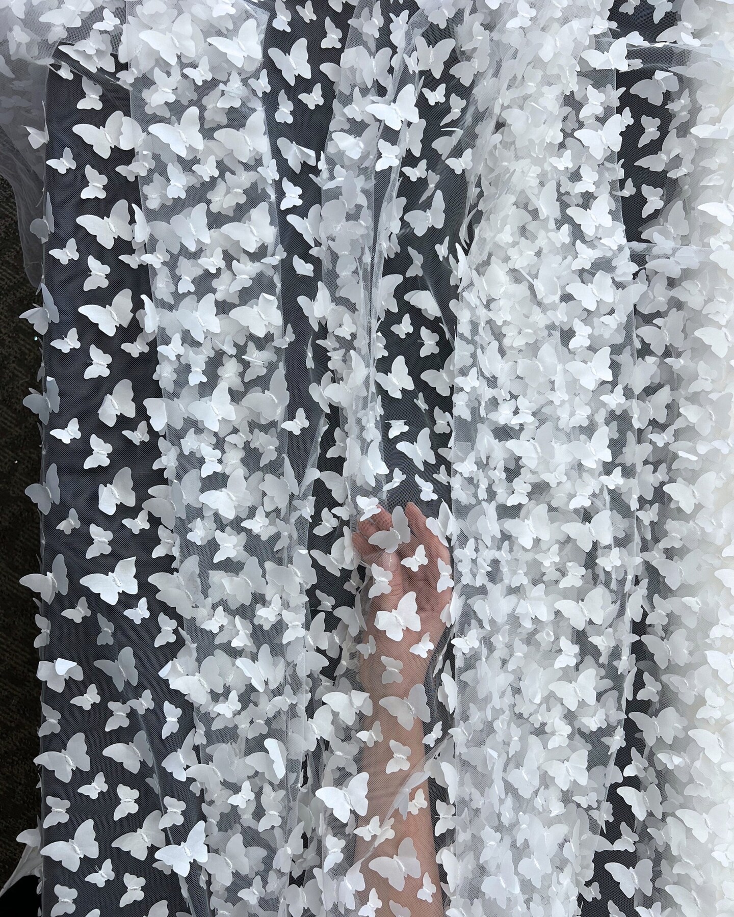 White 3D Butterfly Nylon Tulle Fabric by the Yard, 63" Wide Soft Stretch Mesh Fabric for Veils, Wedding Dresses, Decor & Sewing