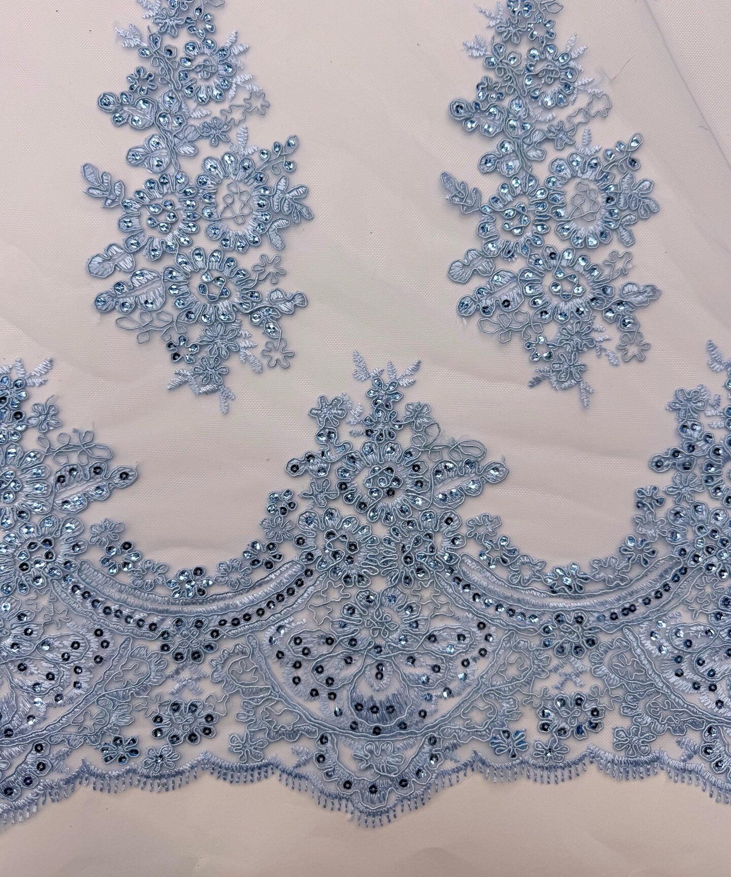 Baby Blue Sequin Embroidered Lace Fabric by the Yard, 54" Wide Floral Mesh Lace with Double Scalloped Edges