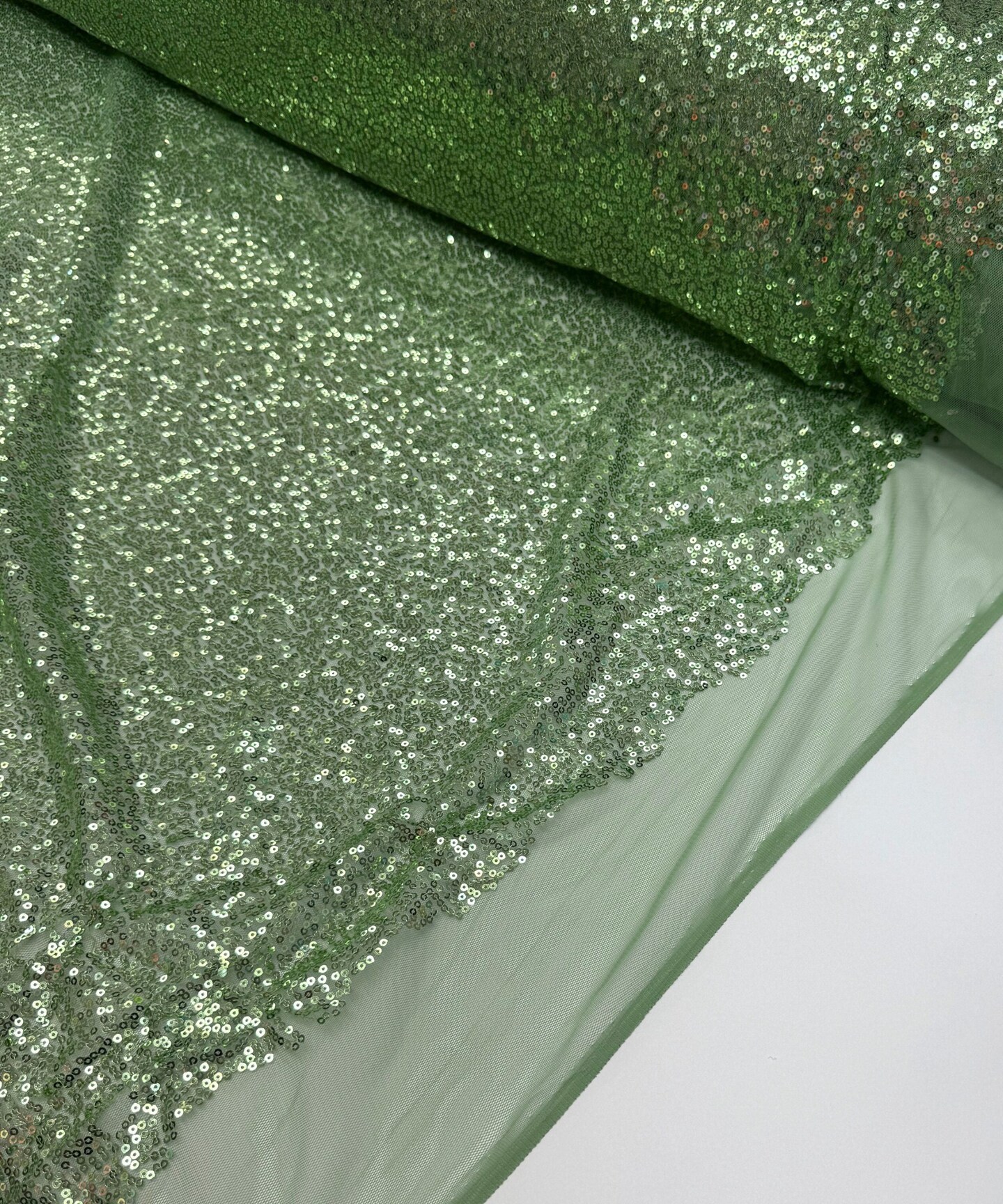 Sage Green Glitz Iridescent Sequin Mesh fabric, 2 Way Stretch