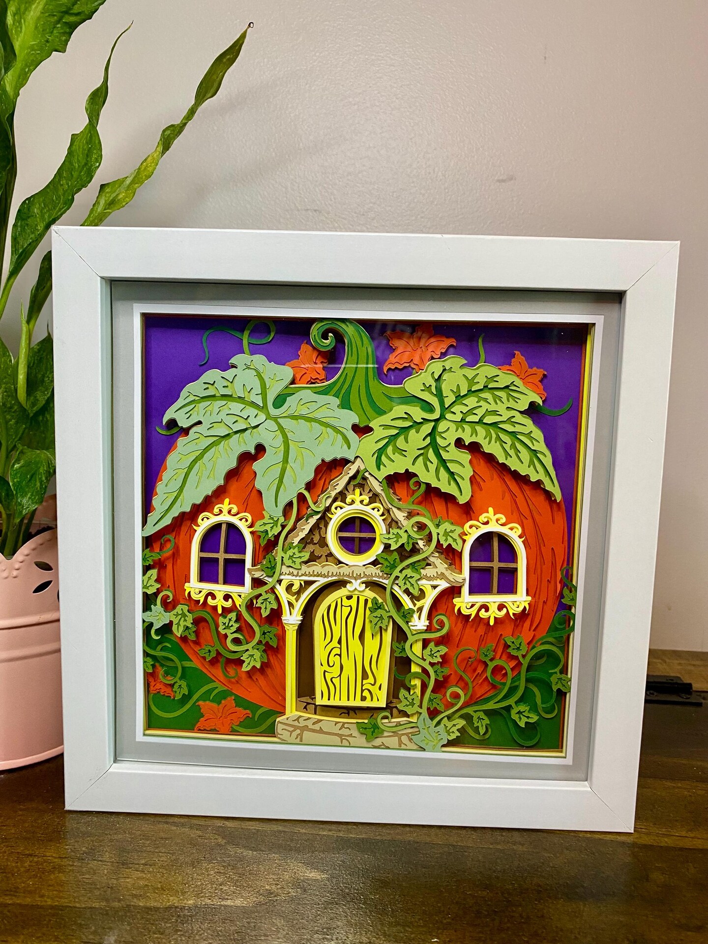 Handmade Halloween Pumpkin Fantasy House Shadowbox Art- 8x8 Frame