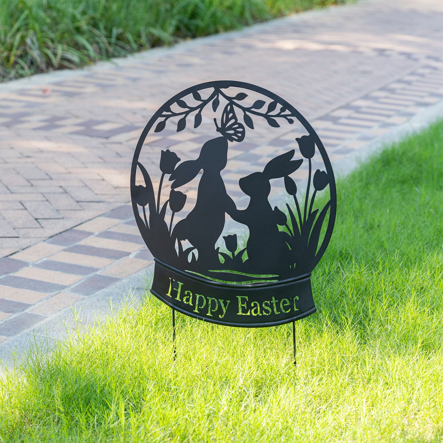 Set of 2 30"H Easter Metal Silhouette Bunny Couple Yard Stake/Wall Décor (KD, Two Function)