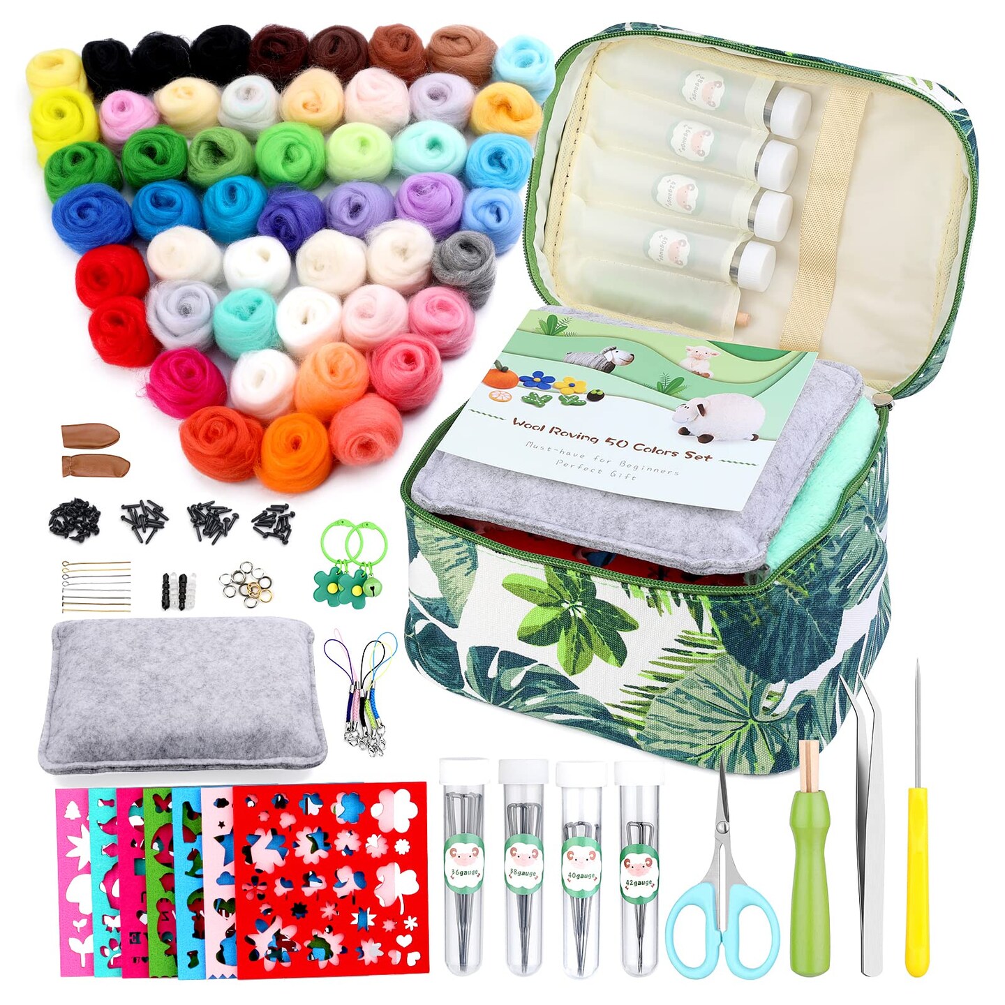Needle Felting Kit, Wool Roving 50 Colors Set with Exquisite Green Storage Bag, Needle Felting Starter Kit, Needle Felting Tools Kit, Wool Felt Tools for Felted Animal Needle Felting Supplies