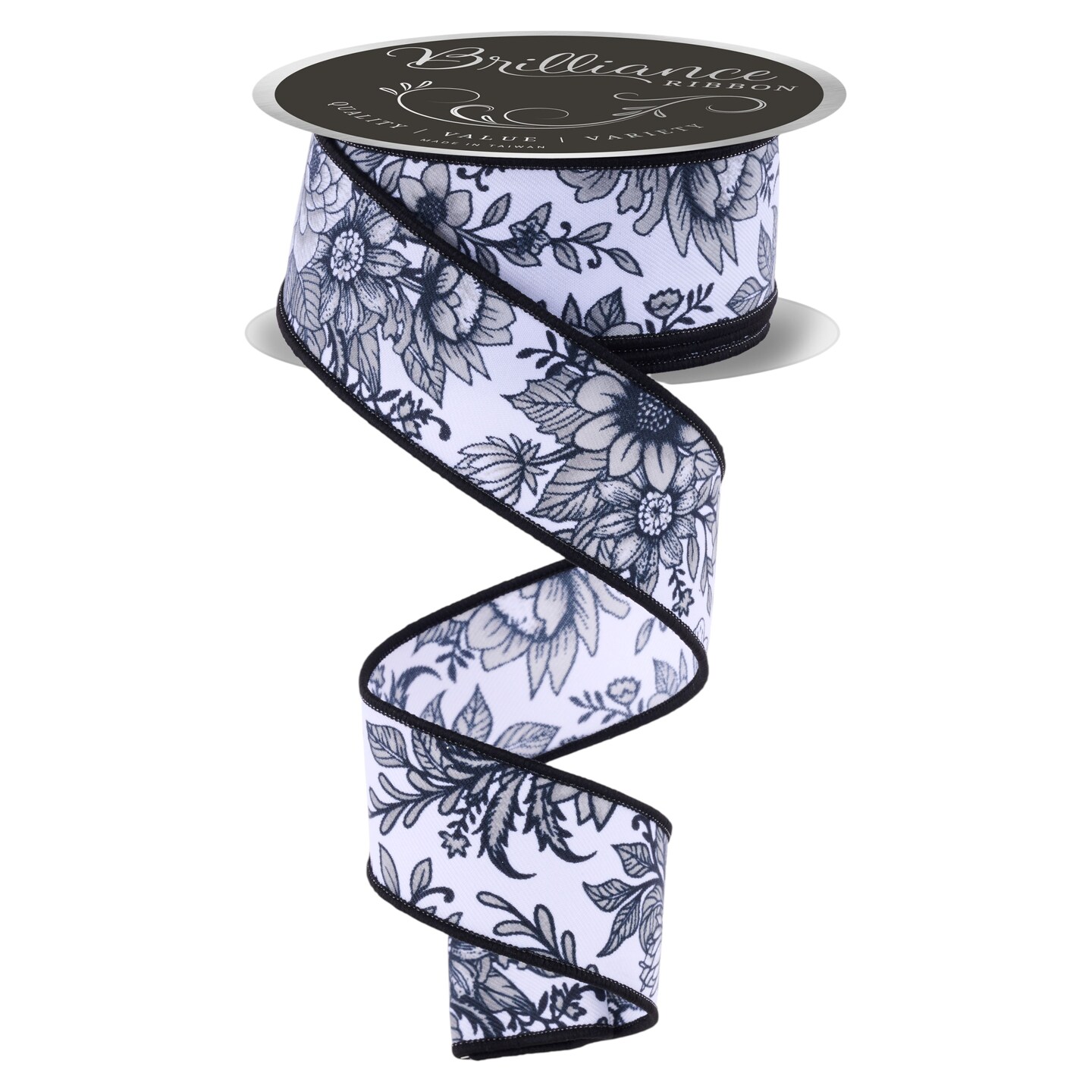 Brilliance 1.5" Chinoiserie Florals Wired Ribbon 30' - White, Black, Grey - For Flower Pattern Bows, Wreaths, Gift Wrap, Crafts and Decorations