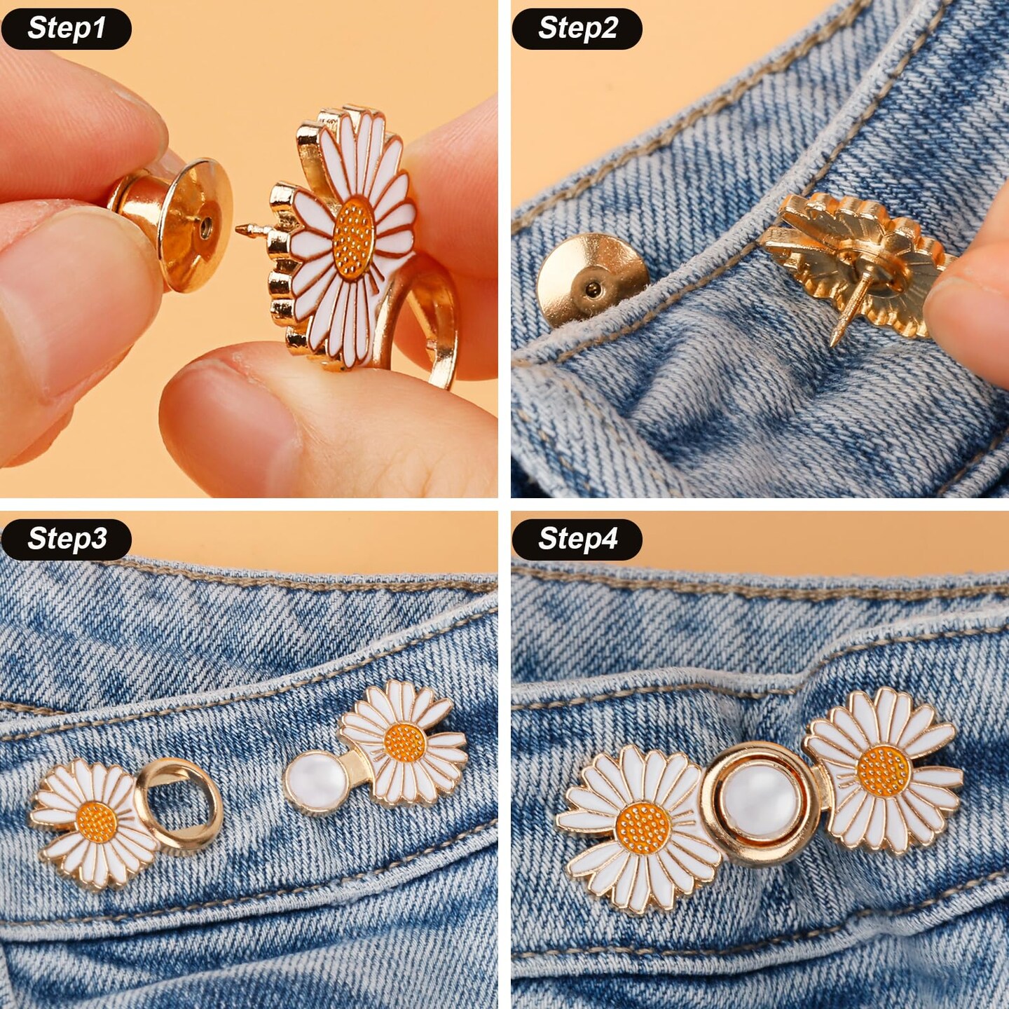 Pant Waist Tightener, Detachable Jean Buttons for Loose Jeans, No Sew and No Tools Button Pins for Jeans, Adjustable Jean Buttons Pins, Daisy Flower Instant Pants Button Tightener 4 Sets