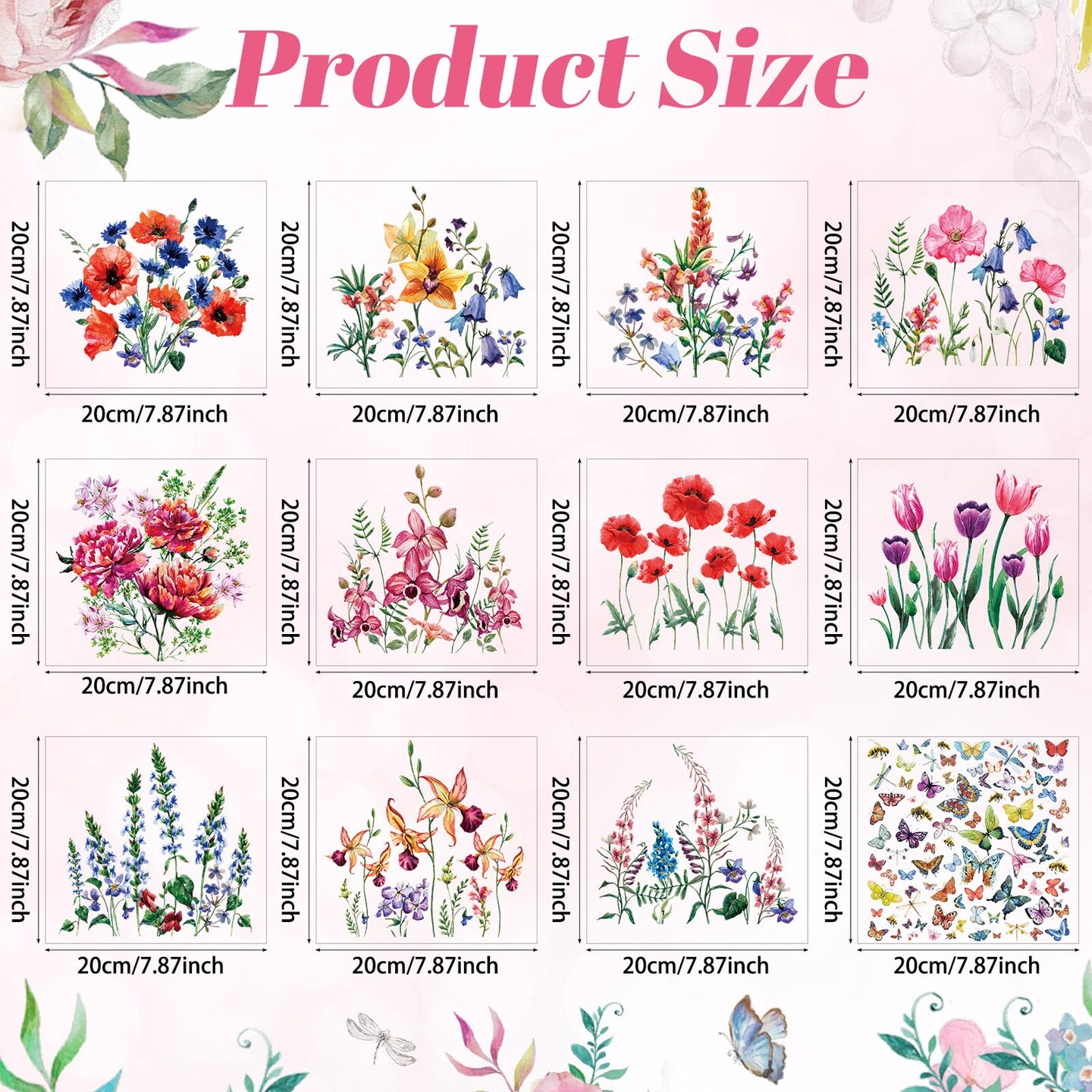 12 Sheets Iron on Decals - Watercolor Transfers for Clothing, Heat Transfer Stickers, Spring Appliques for T-Shirts Jackets DIY Art Decor(Flower)
