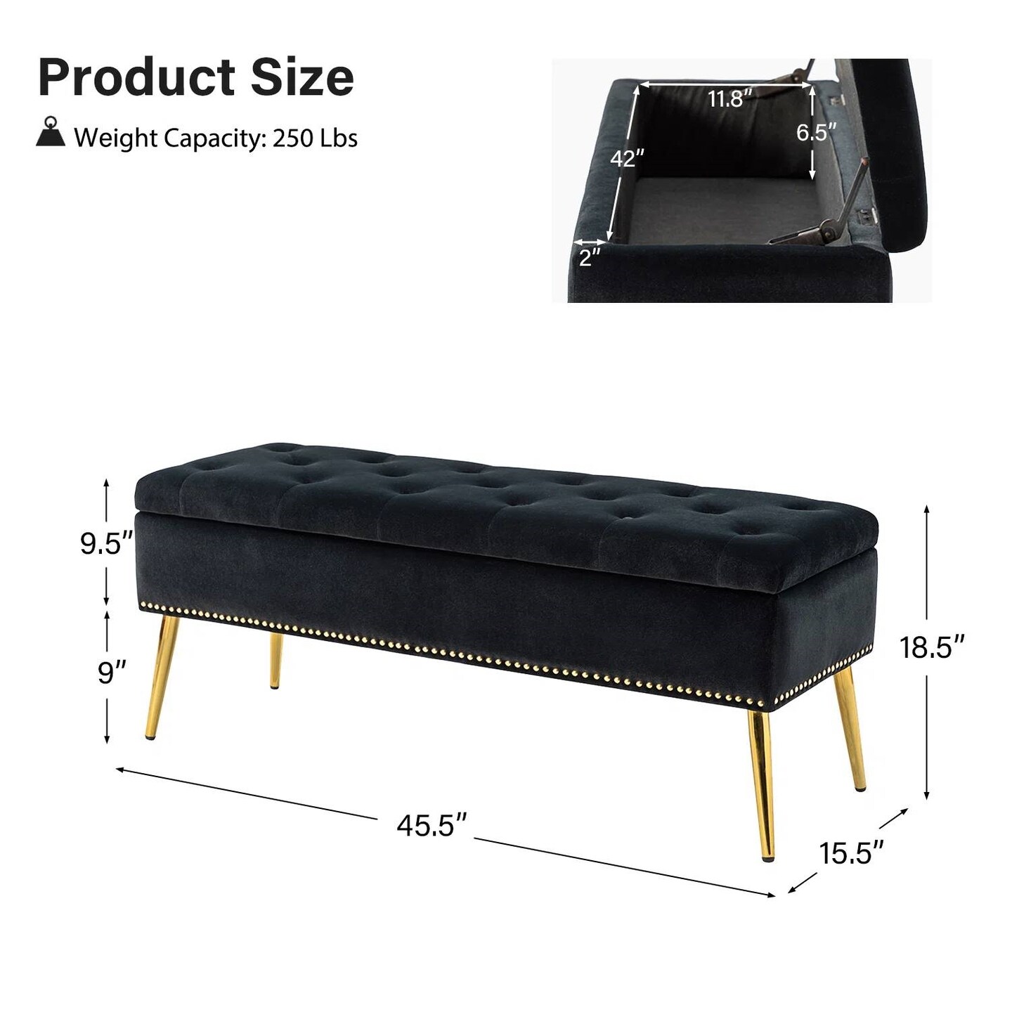 Upholstered Velvet Storage Bench with Tufted Seat and Gold Metal Legs