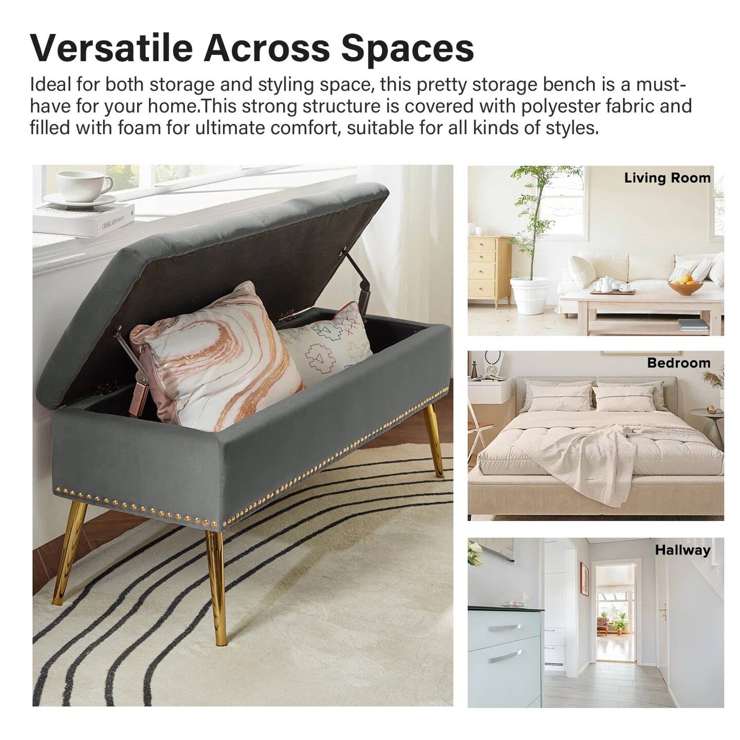 Upholstered Velvet Storage Bench with Tufted Seat and Gold Metal Legs