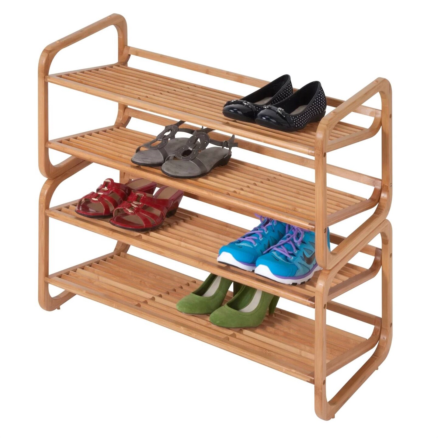 Natural Wicker Stackable Shoe Rack with 2 Shelves and 8-Pair Capacity