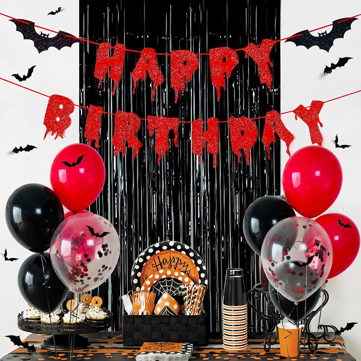 Red Glittery Happy Birthday Halloween Banner Black Foil Curtains Backdrop