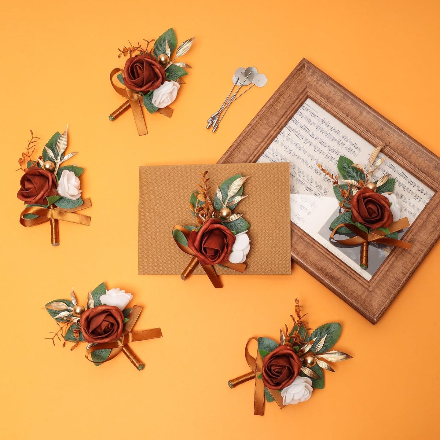 6 pcs Burnt Orange Boutonniere Flowers