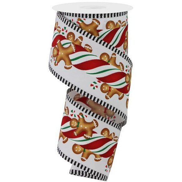 2.5&#x22; Gingerbread Kids Stripe Ribbon: White/Red (10 Yards)