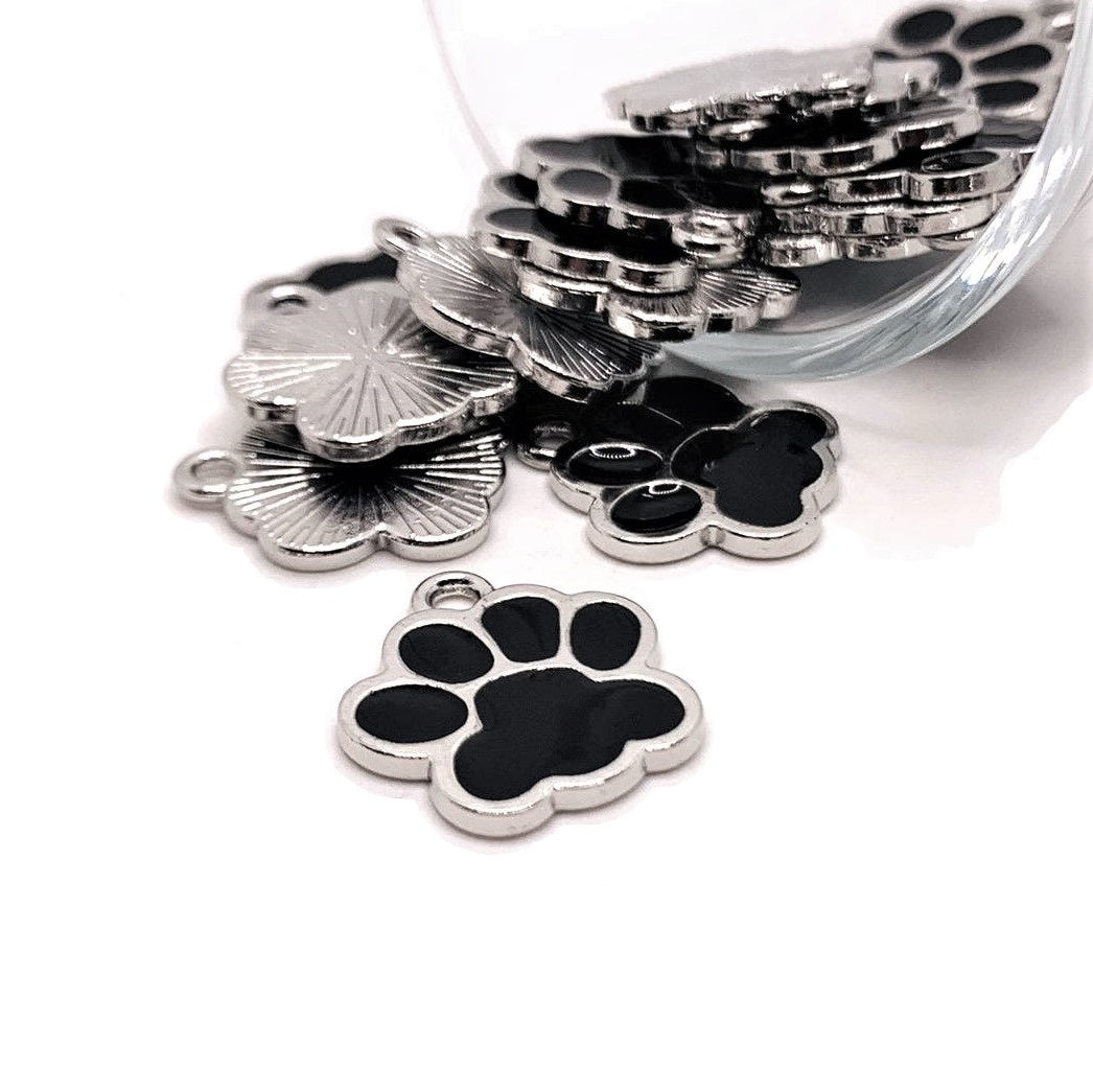 Black Enamel and Silver Dog / Cat Paw Print Charms, 17x16mm